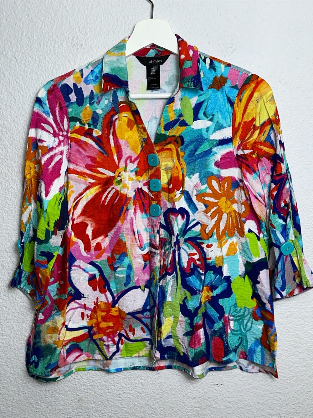 Ali Miles Colorful Button Down Top 3/4 Sleeves Womens Size Medium Petite